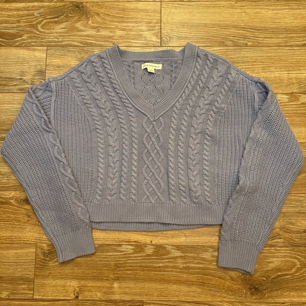 Aeropostale Blue Cropped Cable Knit V-Neck Sweater